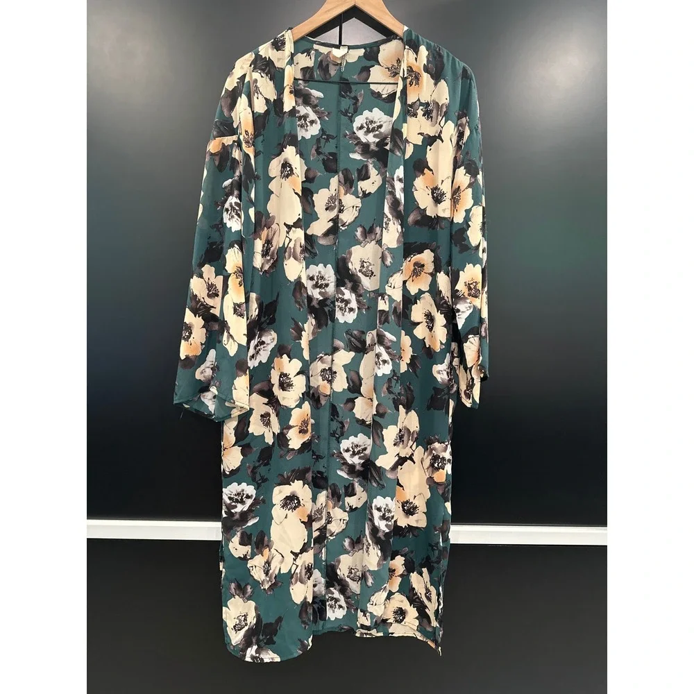 PinkBlush Maternity Teal Floral Open Front Duster with Pockets Long Sleeve